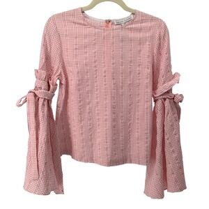English Factory Pink Gingham Bell Sleeve Ruffle Bow Top Blouse Small NWT